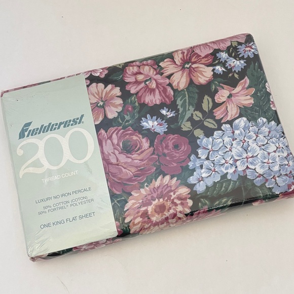 Vintage Fieldcrest Gazebo King Flat Sheet Black Pink Floral Hydrangea NEW